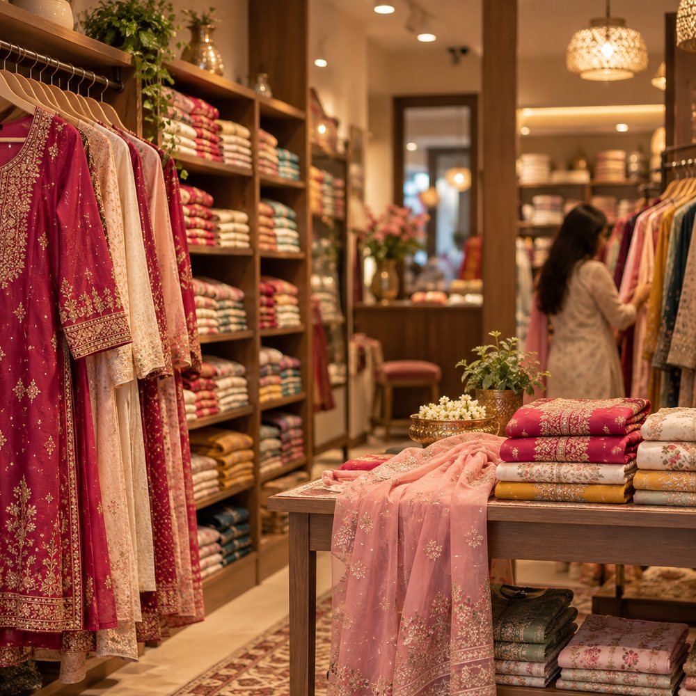 Inside the LMC Suits store, shelves of folded suits and a customer browsing