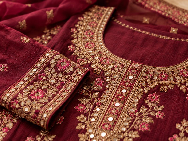 Close-up of mirror and thread embroidery on a suit